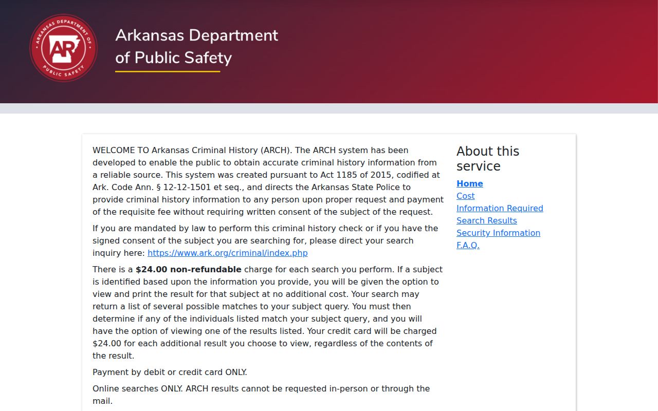 Arkansas Criminal History public search information and cost page