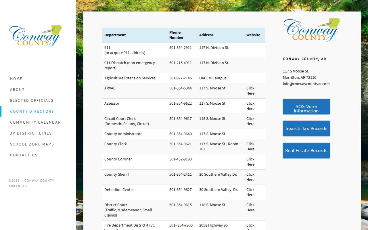 Conway County service directory showing detention, court, dispatch, and public defender contacts