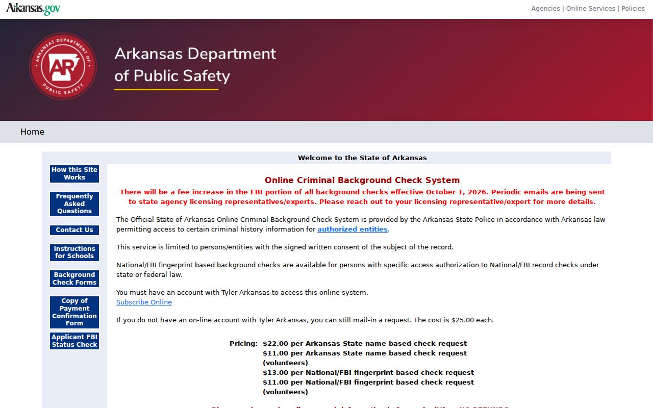 Conway County arrest history Arkansas Online Criminal Background Check System authorized entity portal