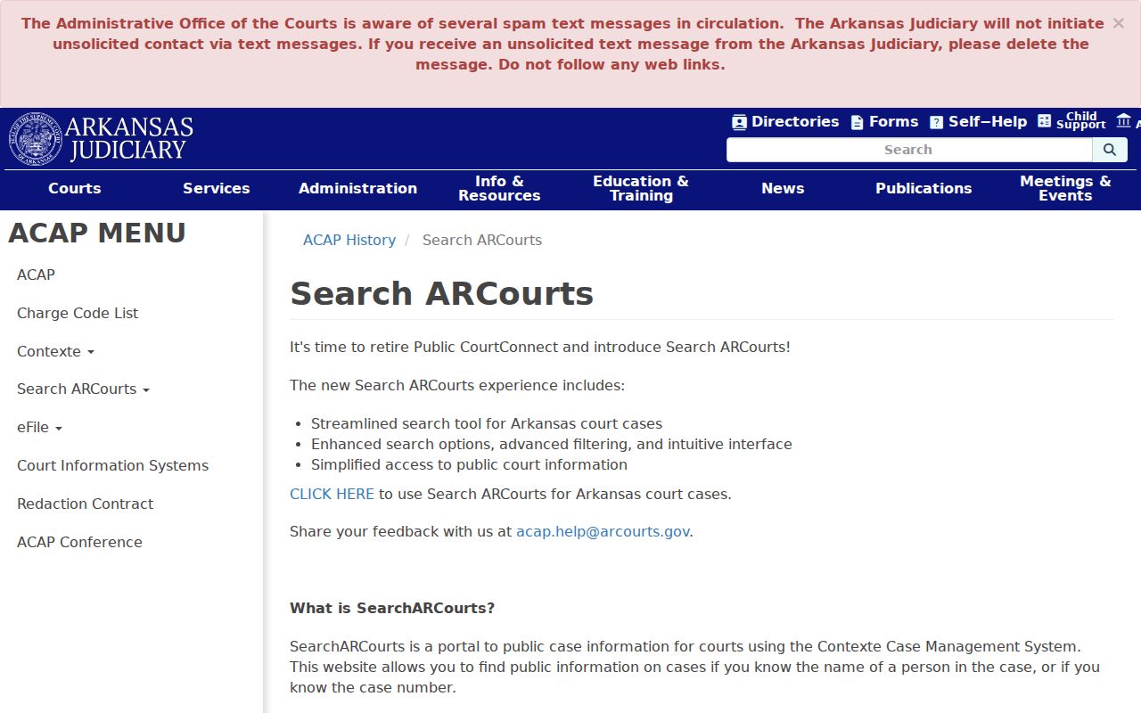 Arkansas Judiciary overview of Search ARCourts and public case data