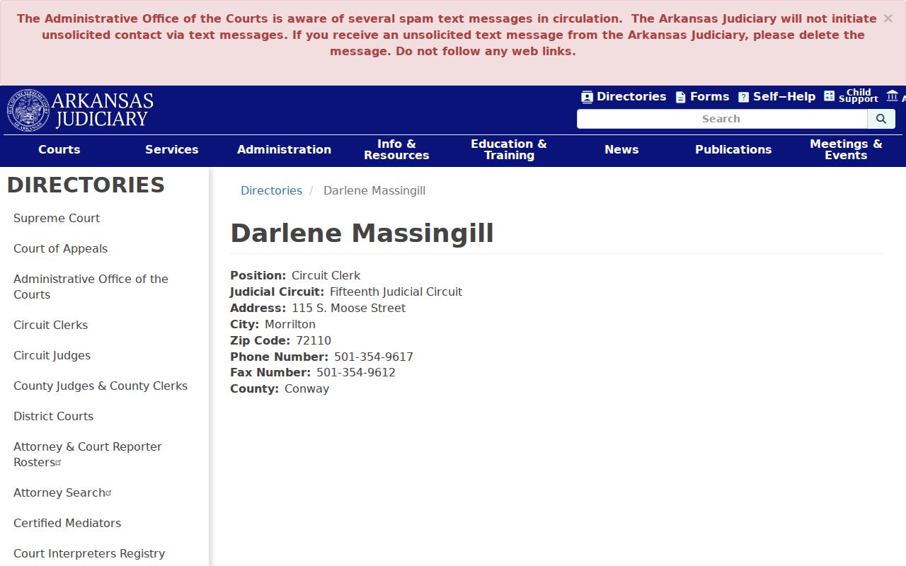 Arkansas Judiciary directory entry for the Conway County Circuit Clerk