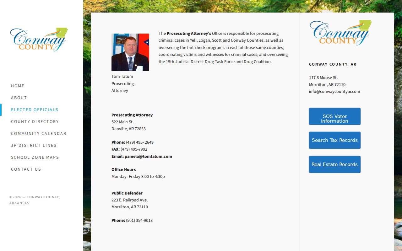 Prosecuting Attorney and Public Defender contact block for Conway County